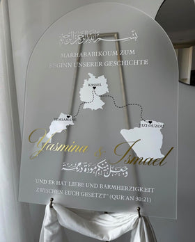 Exemple de panneau plexiglas personnalisé mariage avec prénoms et cartes de pays